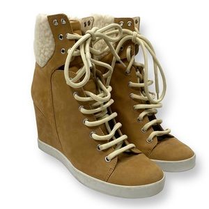 SEE BY CHLOE tan suede hi-top wedge sneaker ankle boots
